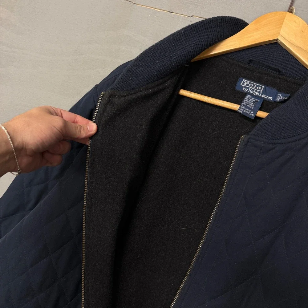 Vintage Polo Ralph Lauren Quilted Bomber Jacket Navy Blue Wool Lined‎ XXL